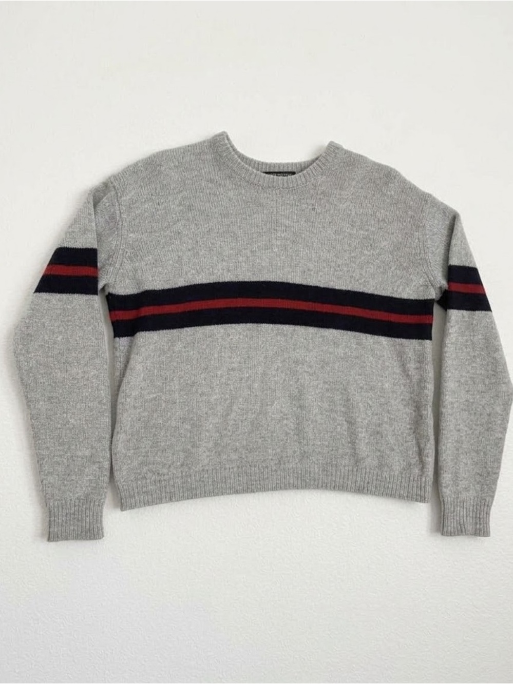 Brandy Melville Women’s Gray Wool Blend Sweater Navy Red Stripe Crewneck One Sz